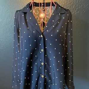 SHEIN Long Sleeve Navy with White Polka Dot Blouse